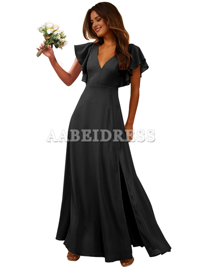 Prom Dress Short Sleeve Bridesmaid Dresses Side Fork Chiffon Long Evening Elegant Temperament Wedding Guest Dresses Formal Wear Dresses