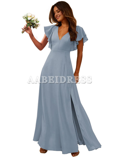 Prom Dress Short Sleeve Bridesmaid Dresses Side Fork Chiffon Long Evening Elegant Temperament Wedding Guest Dresses Formal Wear Dresses