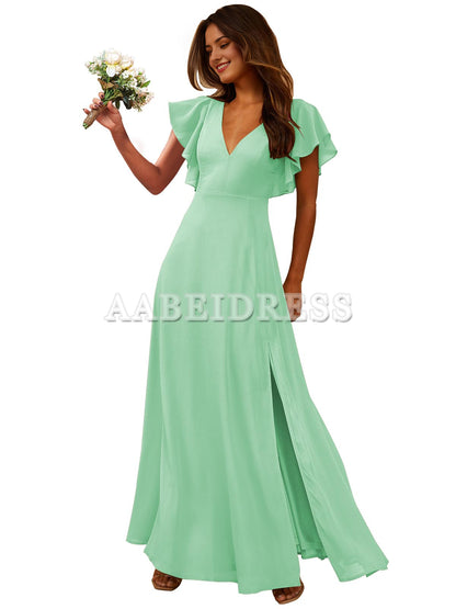 Prom Dress Short Sleeve Bridesmaid Dresses Side Fork Chiffon Long Evening Elegant Temperament Wedding Guest Dresses Formal Wear Dresses