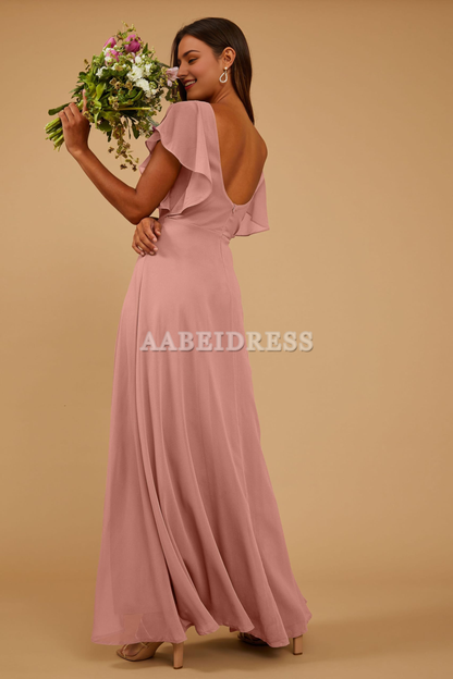 Prom Dress Short Sleeve Bridesmaid Dresses Side Fork Chiffon Long Evening Elegant Temperament Wedding Guest Dresses Formal Wear Dresses