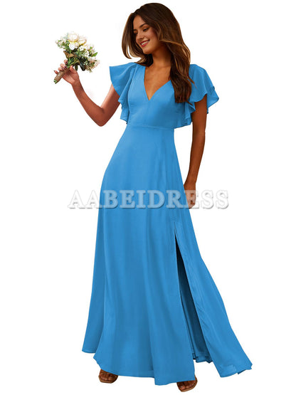 Prom Dress Short Sleeve Bridesmaid Dresses Side Fork Chiffon Long Evening Elegant Temperament Wedding Guest Dresses Formal Wear Dresses