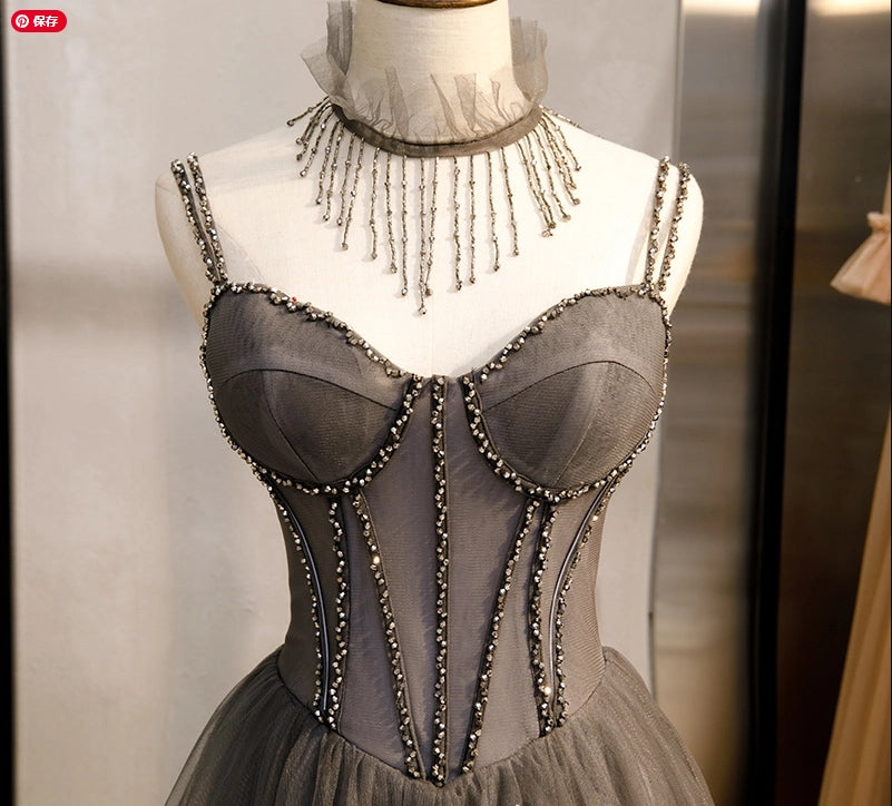 A-Line Prom Dresses Open Back Dress Formal Wedding Party Floor Length Sleeveless Spaghetti Strap Tulle with Pleats Crystals