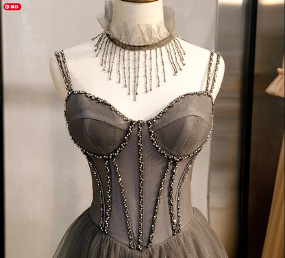 A-Line Prom Dresses Open Back Dress Formal Wedding Party Floor Length Sleeveless Spaghetti Strap Tulle with Pleats Crystals