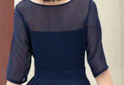 Dark Navy Chiffon A-Line Boat Neck Back Zip Tea-Length Dress