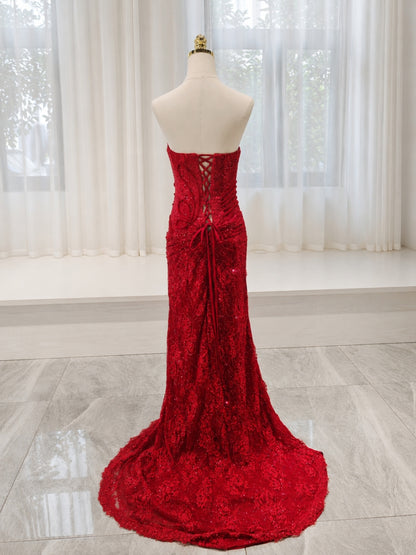 Red Lace Mermaid Sweetheart Lace-Up Back Floor-Length Dress