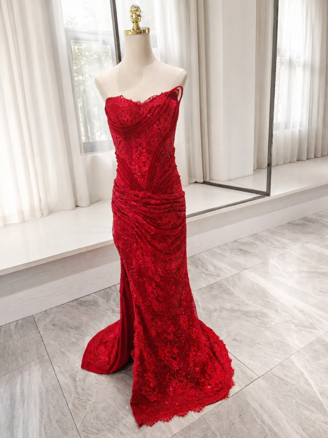 Red Lace Mermaid Sweetheart Lace-Up Back Floor-Length Dress