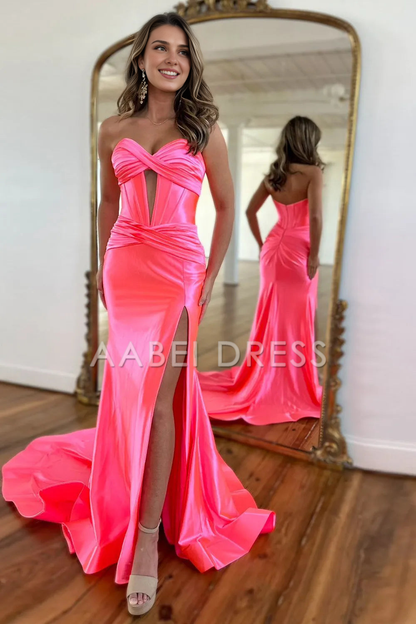 AABEI DRESS Prom Dress Elegant Satin Mermaid Strapless Long With Split Sweep Train Fashion Formal Dress