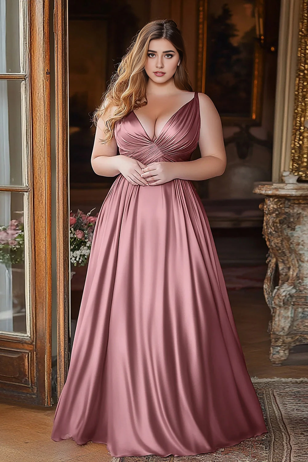 AABEI DRESS Hot Sale Prom Dress Elegant A Line Deep V-Neck Ruched Satin Exquisite Long Formal Dress
