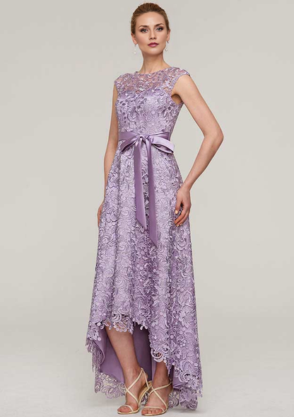 Vintage Wedding Guest Dresses A-line Purple Lace Boat Neck Sleeveless With Sashes Asymmetrical Hem Bargain Mother of the Bride Dress