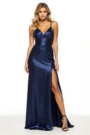 Chic Navy Sheath Spaghetti Straps V Neck Backless Pleated Satin with Slit Long Formal Dress Hot Sale Evening Dresses