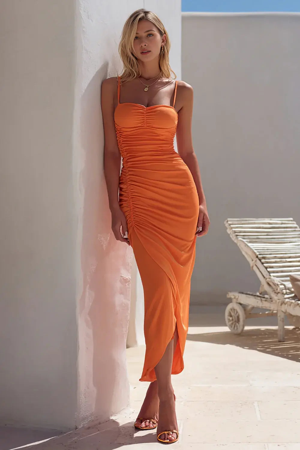 Fashion Prom Dress Orange Sheath Spaghetti Strap Sweetheart Neckline Pleated With Slit Bargain Long Wedding Guest Dress
