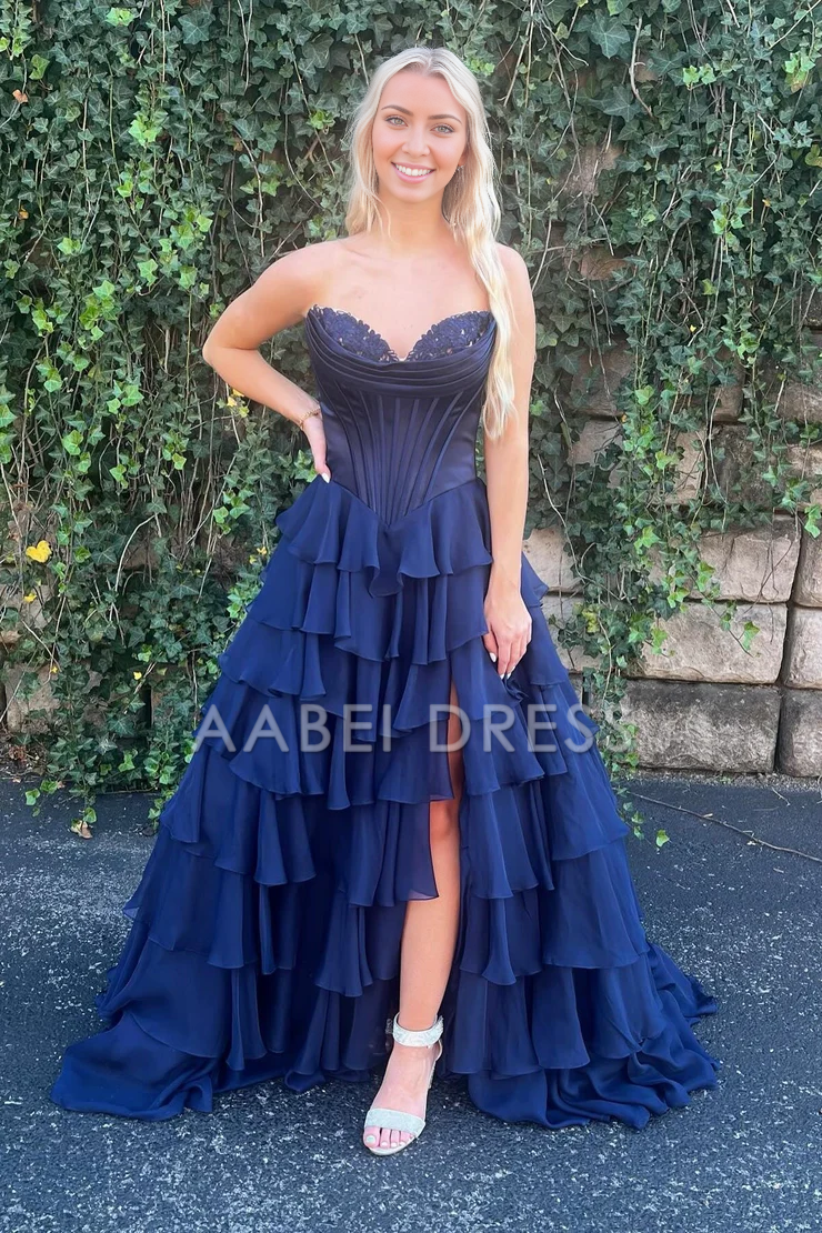 AABEI DRESS Prom Dress Cute Sweetheart A-Line Ruffle Chiffon Tiered Long With Split Exquisite Formal Dress