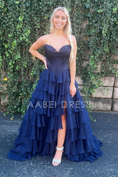 AABEI DRESS Prom Dress Cute Sweetheart A-Line Ruffle Chiffon Tiered Long With Split Exquisite Formal Dress