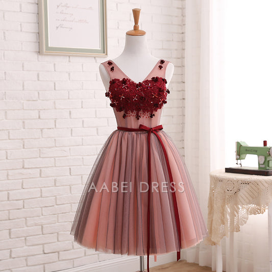 AABEI DRESS New Homecoming Dress A Line V Neck Sleeveless Tulle Flowers Fashion Short Prom Dress