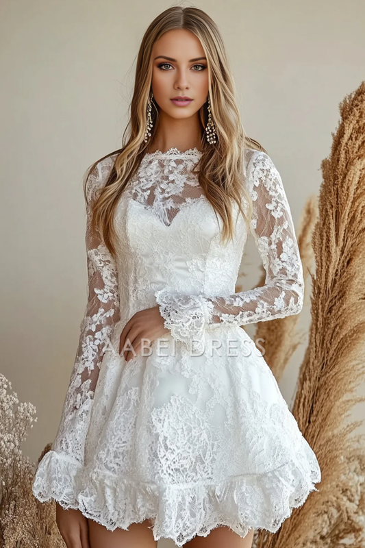 AABEI DRESS Hot Sale Homecoming Dress Exquisite Lace A Line Scoop Long Sleeves Short Graduation Dress