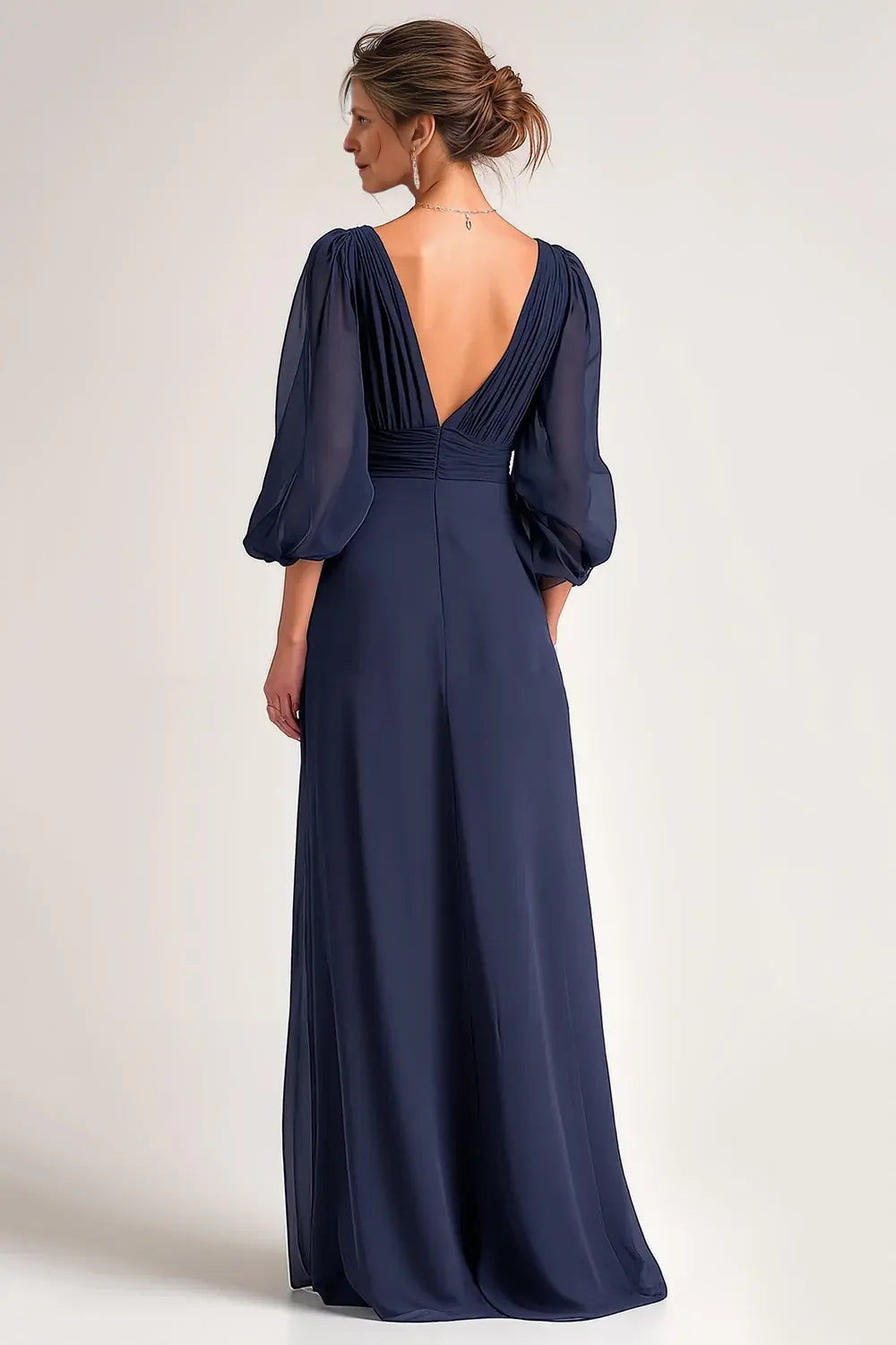 Elegant Simple Navy Chiffon A Line V-Neck Pleated Lantern Long Sleeves Backless Wedding Guest Dress For Women New Style Mother of the Bride Dress