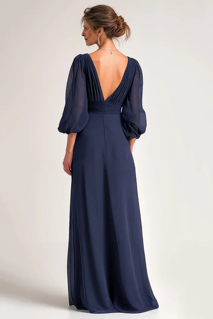 Elegant Simple Navy Chiffon A Line V-Neck Pleated Lantern Long Sleeves Backless Wedding Guest Dress For Women New Style Mother of the Bride Dress