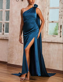 Evening Dress Floral One Shoulder Sleeveless Pleated Sheath Gown Side Fork Sweep Train Personality Formal Women's Dresses Wedding Guest Dresses