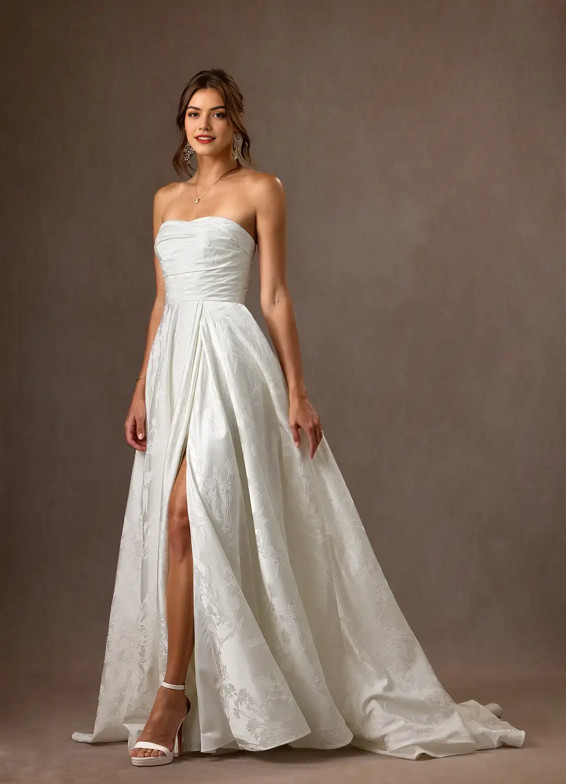 Gorgeous White A-Line Detachable Spaghetti Strap Sleeveless Floral Jacquard High Slit Backless Exquisite Hot Sale Wedding Dress