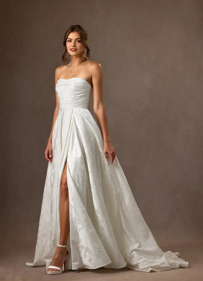 Gorgeous White A-Line Detachable Spaghetti Strap Sleeveless Floral Jacquard High Slit Backless Exquisite Hot Sale Wedding Dress