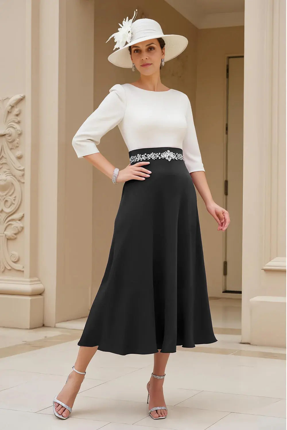 Black White Chiffon A Line Boat Neck 3/4 Long Sleeve Waist Bead String Exquisite Midi Wedding Guest Dress Hot Sale Mother of the Bride Dresses
