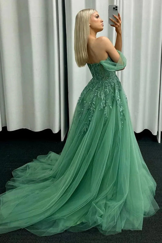 Mint Green Romantic Tulle A Line Off the Shoulder Sweetheart Neckline with Lace Appliques Exquisite Wedding Guest Dress Long Hot Sale Prom Dresses