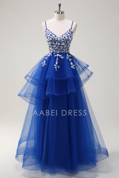 AABEI DRESS Hot Sale Prom Dress Gorgeous A-Line V Neck Spaghetti Strap Tiered Long Sequins Appliqued Long Party Dress