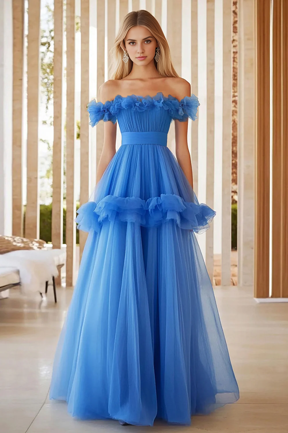 AABEI DRESS Hot Sale Prom Dress Fashion A Line Off The Shoulder Tulle Ruffles Atmosphere Long Formal Dress