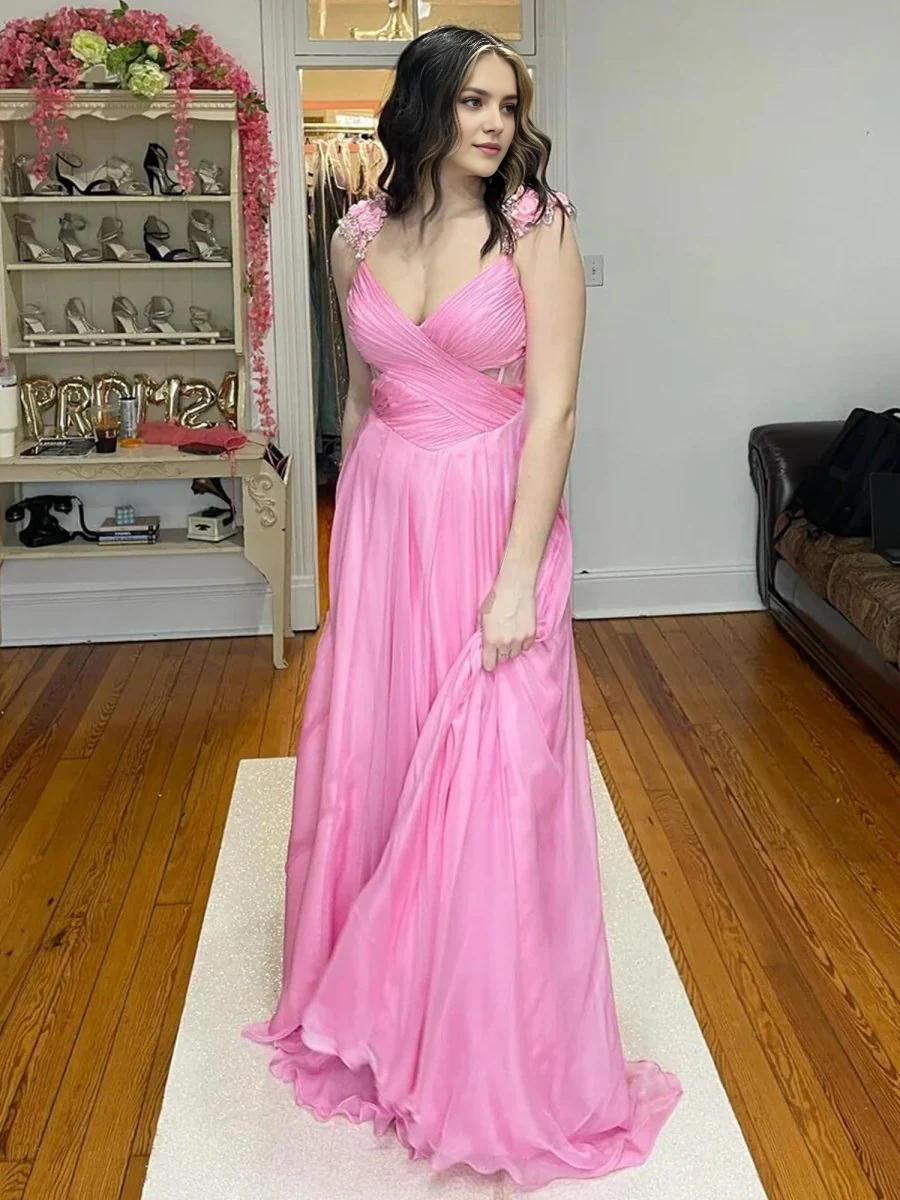 Pink Chiffon A-line Deep V Neck Sleeveless Hollow-Out Pleated 3D Flower Shoulder Strap Exquisite Wedding Guest Dress Long Hot Sale Prom Dresses