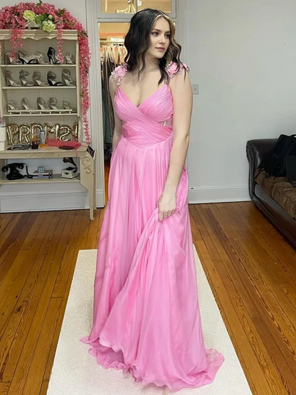 Pink Chiffon A-line Deep V Neck Sleeveless Hollow-Out Pleated 3D Flower Shoulder Strap Exquisite Wedding Guest Dress Long Hot Sale Prom Dresses