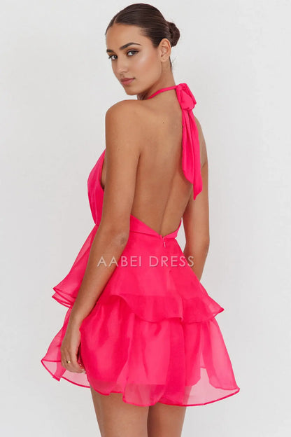A Line Low-Cut Deep V-Neck Halter Tiered Ruffles Backless Bright Pink Charming Mini Dress Hot Sale Homecoming Dress