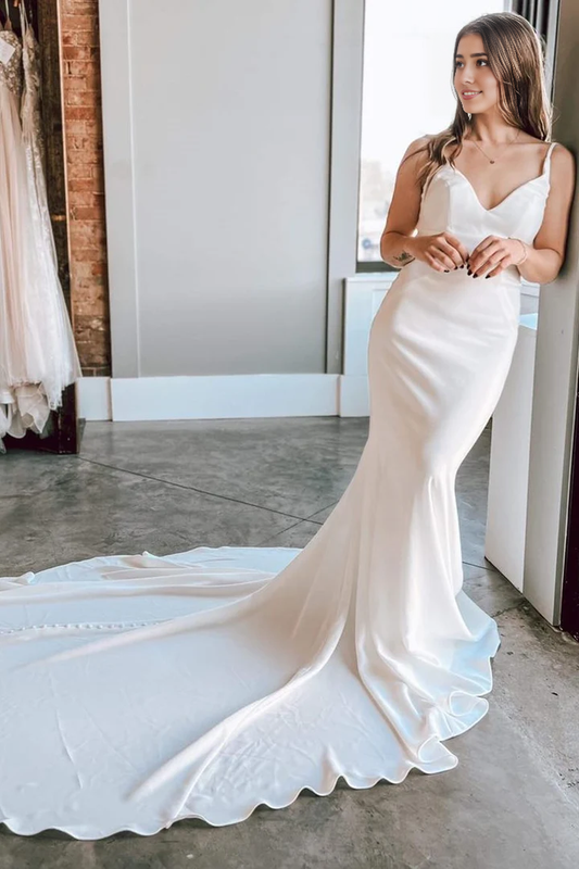 AABEI DRESS High Quality Charming Wedding Dress V-Neck Spaghetti Strap Backless Tie-Back Mermaid Long Sweep Train Formal Dresses