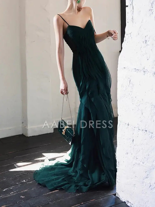 AABEI DRESS Prom Dress Sweetheart Spaghetti Strap Mermaid Ruffle Chiffon Long Irregular Unique Dress