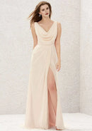 Chic Chiffon A-line Cowl Neck Sleeveless Pleated Backless With Split Affordable Sweep Train Bridesmaid Dress