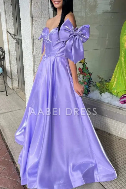 AABEI DRESS Prom Dress Elegant A Line Sweetheart Off the Shoulder Satin with Cute Bow Formal Dress