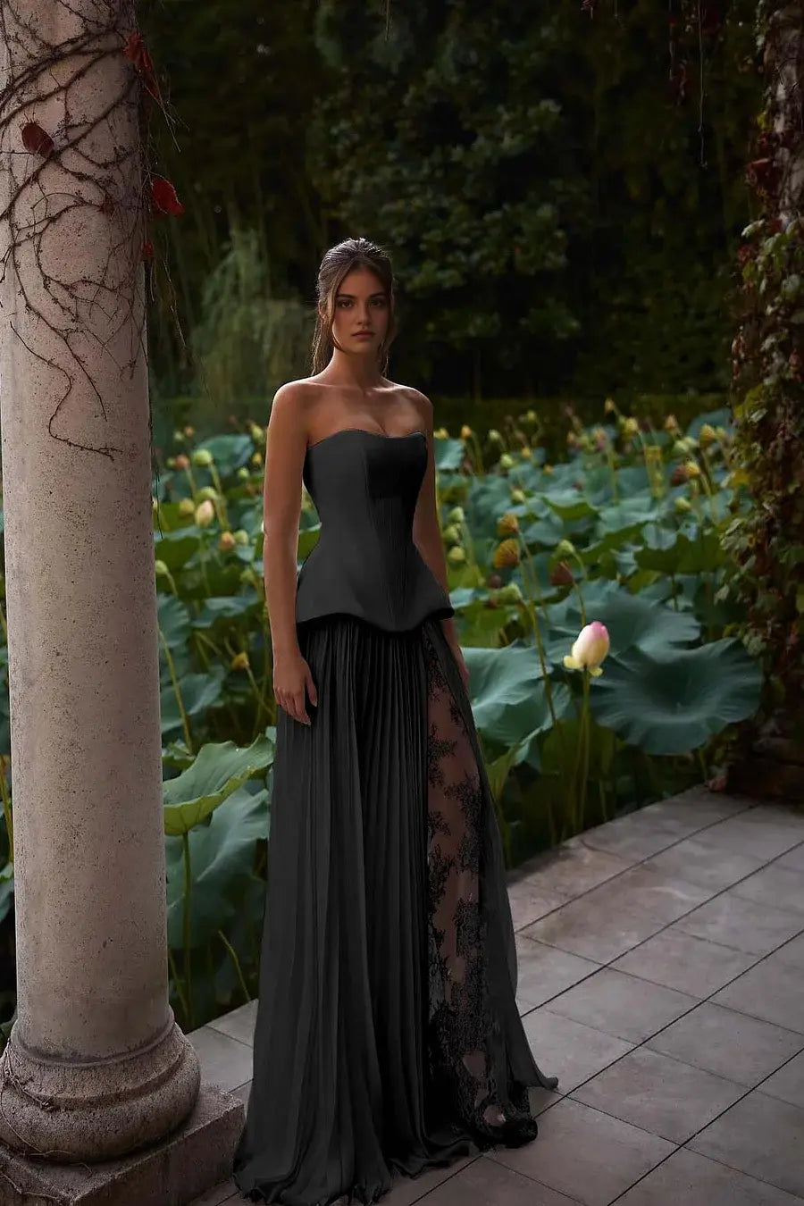 Exquisite Formal Women's Dresses A Line Strapless Sleeveless Pleated High Slit With Lace Long Affordable Prom Dress