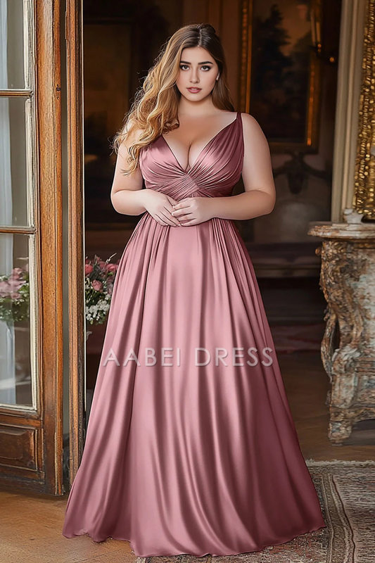 AABEI DRESS Hot Sale Prom Dress Elegant A Line Deep V-Neck Ruched Satin Exquisite Long Formal Dress