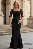 Wedding Guest Dress Elegant Black Mermaid Square Neck 1/2 Sleeve Lace Applique Ruched Hot Sale Long Mother of the Bride Dress