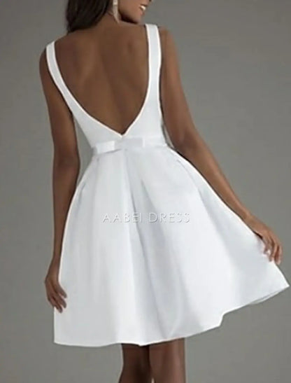 AABEI DRESS New Homecoming Dress A-Line Cocktail Dresses Minimalist Dress Wedding Guest Knee Length Sleeveless Boat Neck Satin V Back with Sleek Bow(s) Pure Color Simple Prom Dresse
