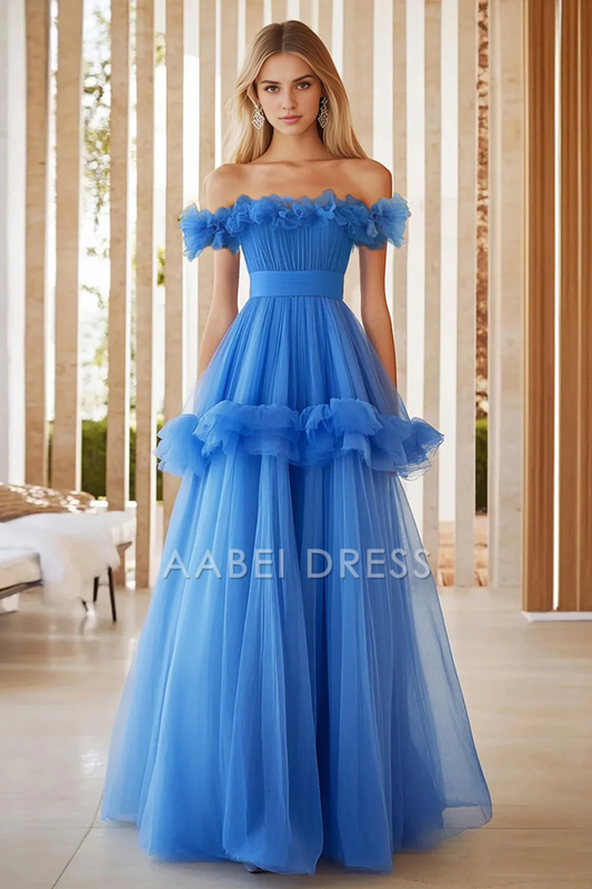 AABEI DRESS Hot Sale Prom Dress Fashion A Line Off The Shoulder Tulle Ruffles Atmosphere Long Formal Dress