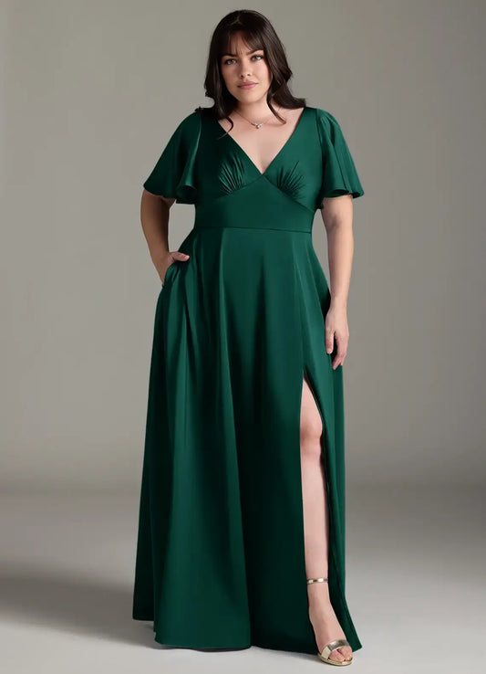 Wedding Guests Dresses Vintage Emerald A-Line V Neck Flutter Short Sleeves Ruched Side Fork Bow Back Elegant Plus Size Formal Dress Discount Hot Sale Prom Dress