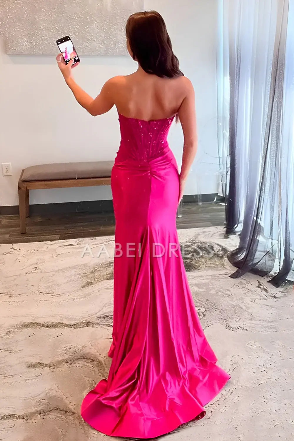 AABEI DRESS Prom Dress Charming Mermaid Strapless Lace Top Satin With Leg Slit Fashion Formal Dress