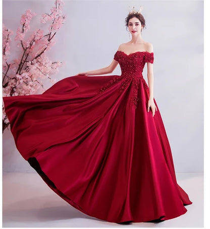 Burgundy Off Shoulder Beaded Satin Ball Gown Prom Dress