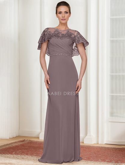AABEI DRESS Wedding Guest Dress Elegant A-Line Jewel Neck Pleated Lace Shawl Floor Length Mother of the Bride Dress