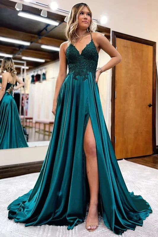 AABEI DRESS High Quality Evening Dress Satin A-line V-neck Spaghetti Straps Prom Dresses With Slit Elegant Party Dress
