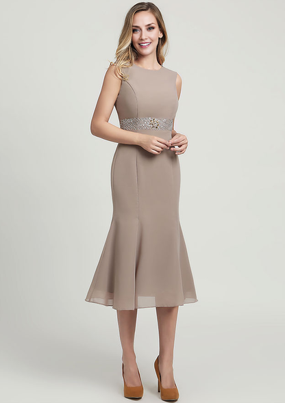 Exquisite Wedding Guest Dresses Chiffon Mermaid Bateau Sleeveless Beading With Long Sleeves Jacket Two-Piece Tea-Length Bargain Mother of the Bride Dress