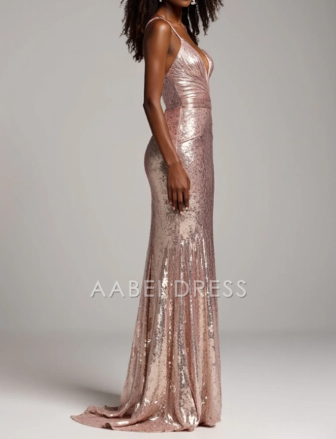 AABEI DRESS Hot Sale Prom Dress Sparkly Sheath Deep V Neck Spaghetti Strap Backless Long With Sequins Formal Dress