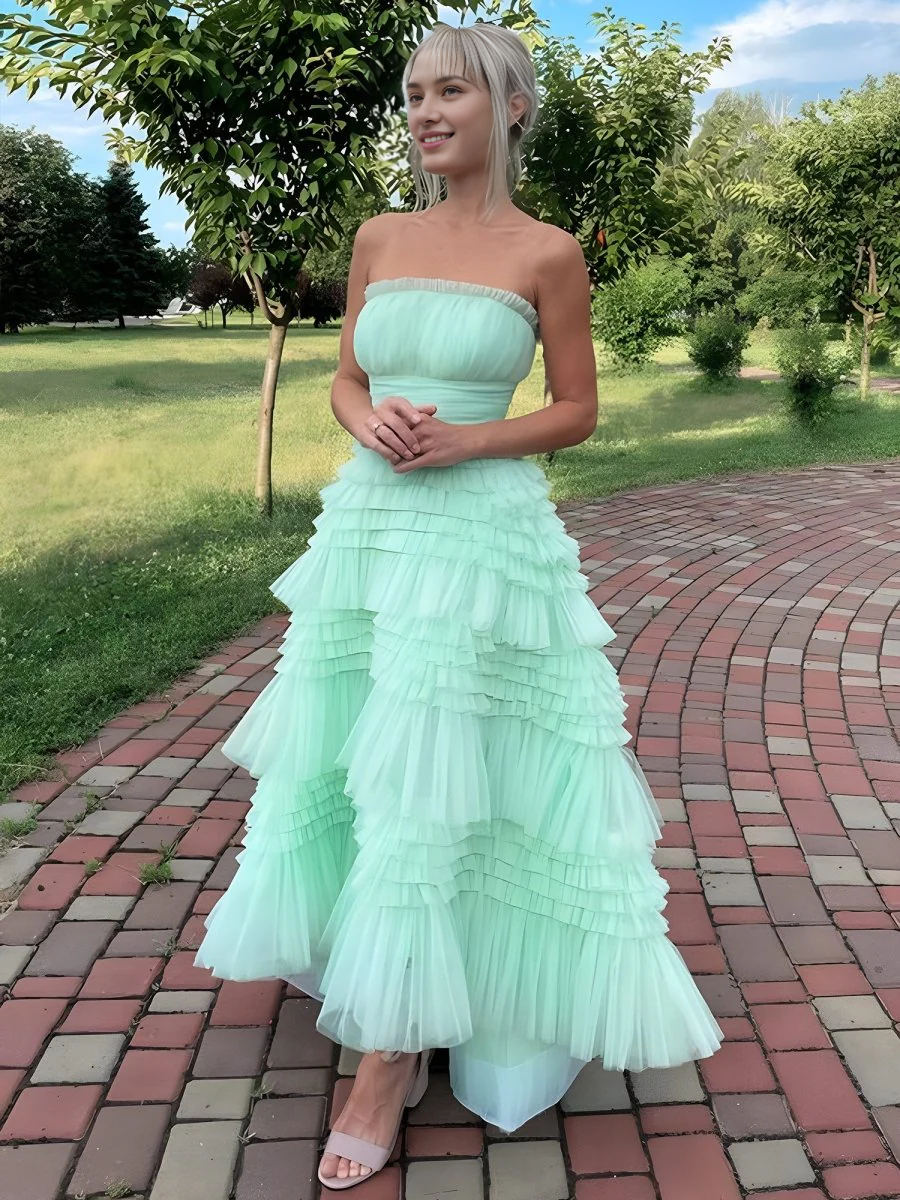 Mint Green Gorgeous Tulle A Line Strapless Tiered Ruffles High-low Hem Fashion Wedding Guest Dress Long Hot Sale Prom Dresses