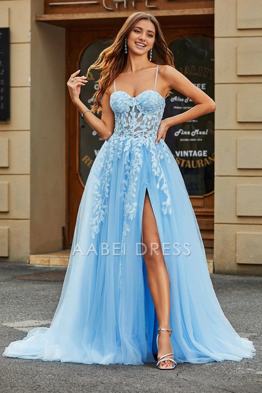 AABEI DRESS Hot Sale Prom Dress Tulle A-Line Spaghetti Straps Corset With Appliques Side Fork  Long Romantic Formal Dress