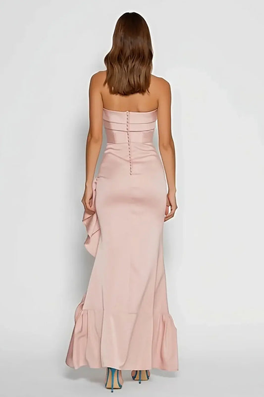 Fashion Prom Dress Pink Mermaid Strapless Sleeveless Backless Ruffled With Slit Bargain Long Wedding Guest Dress